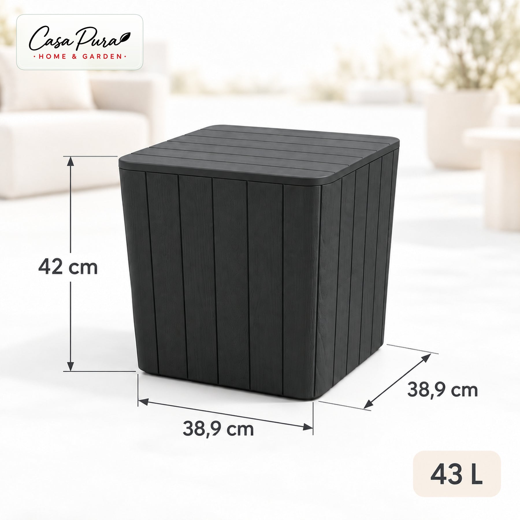 Garden Storage Box | Porto | Weather-Resistant 43 L Plastic Storage Box with Wood Effect | Doubles as a Side Table | 2 Colours