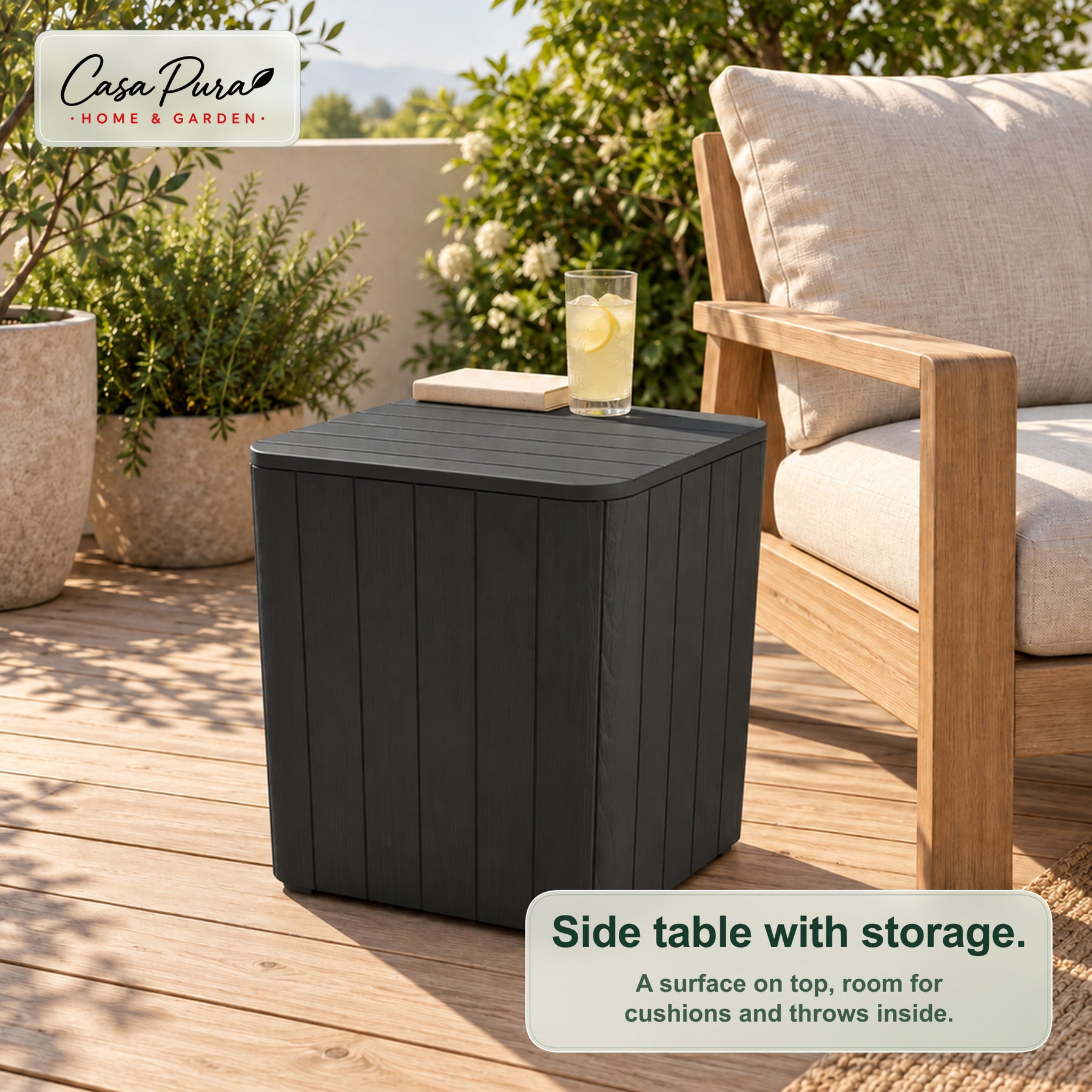 Garden Storage Box | Porto | Weather-Resistant 43 L Plastic Storage Box with Wood Effect | Doubles as a Side Table | 2 Colours