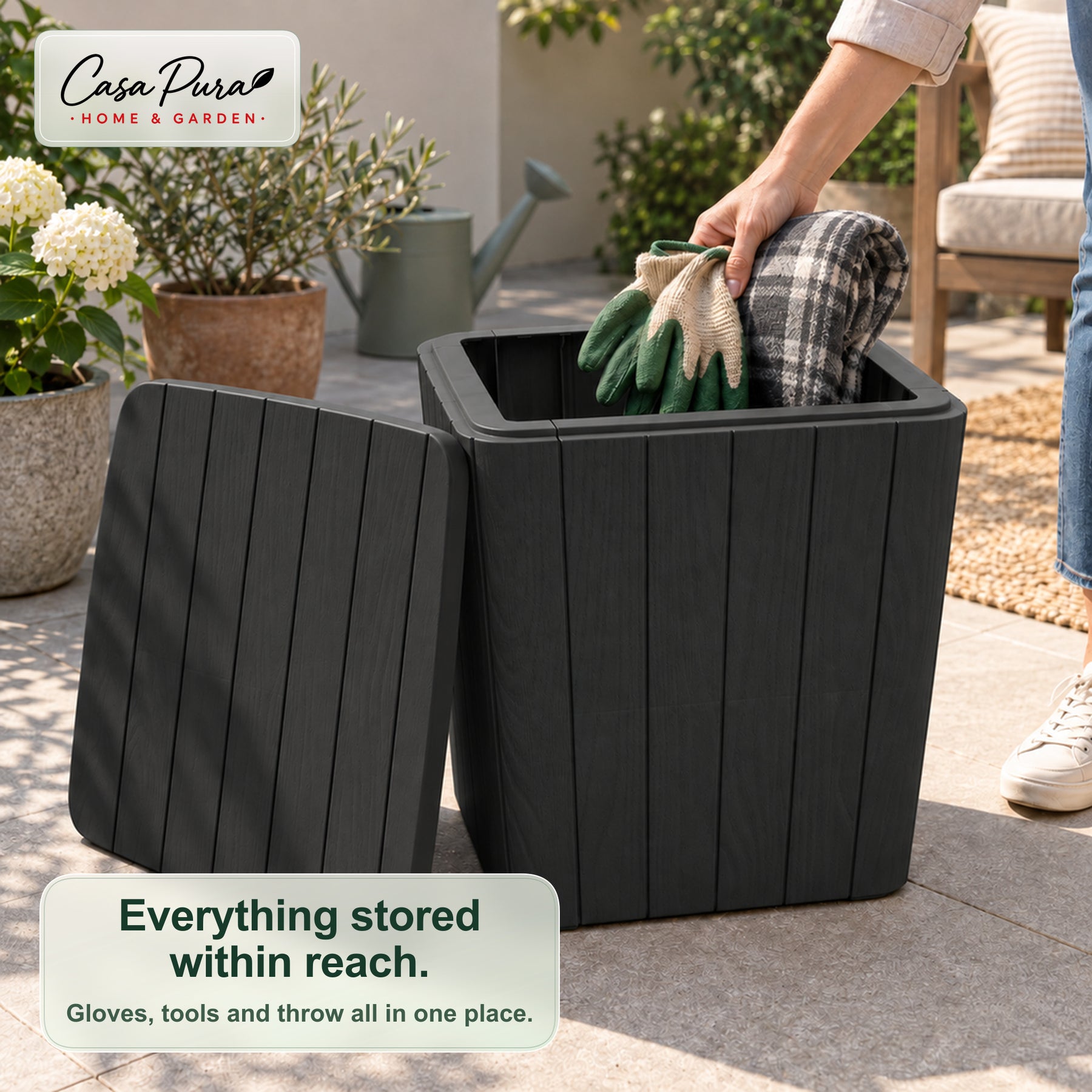 Garden Storage Box | Porto | Weather-Resistant 43 L Plastic Storage Box with Wood Effect | Doubles as a Side Table | 2 Colours