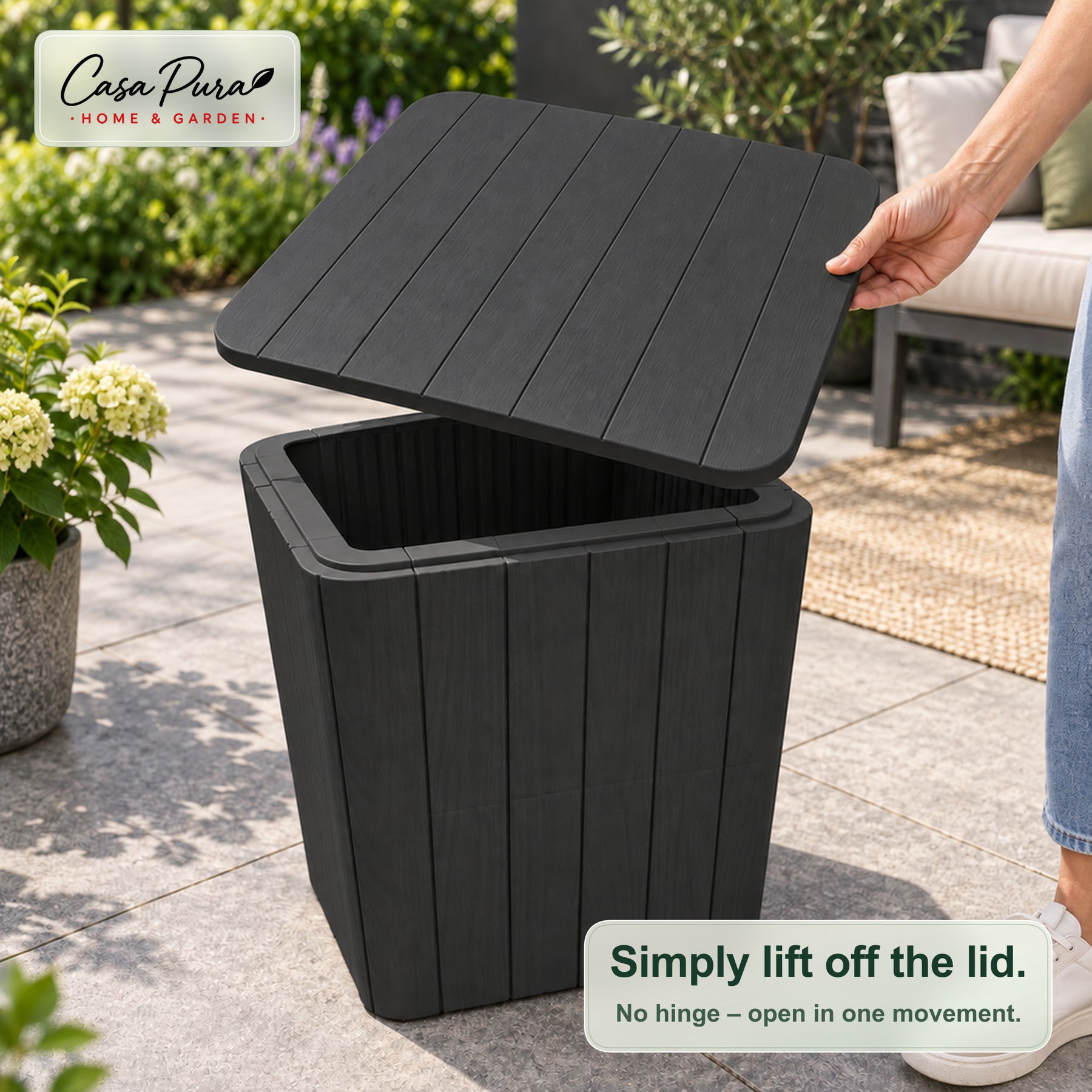 Garden Storage Box | Porto | Weather-Resistant 43 L Plastic Storage Box with Wood Effect | Doubles as a Side Table | 2 Colours