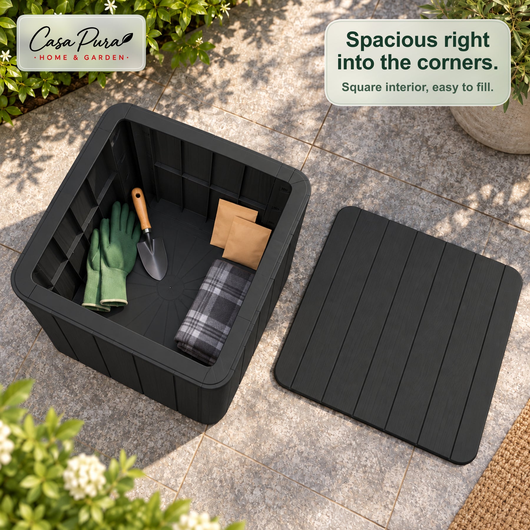 Garden Storage Box | Porto | Weather-Resistant 43 L Plastic Storage Box with Wood Effect | Doubles as a Side Table | 2 Colours