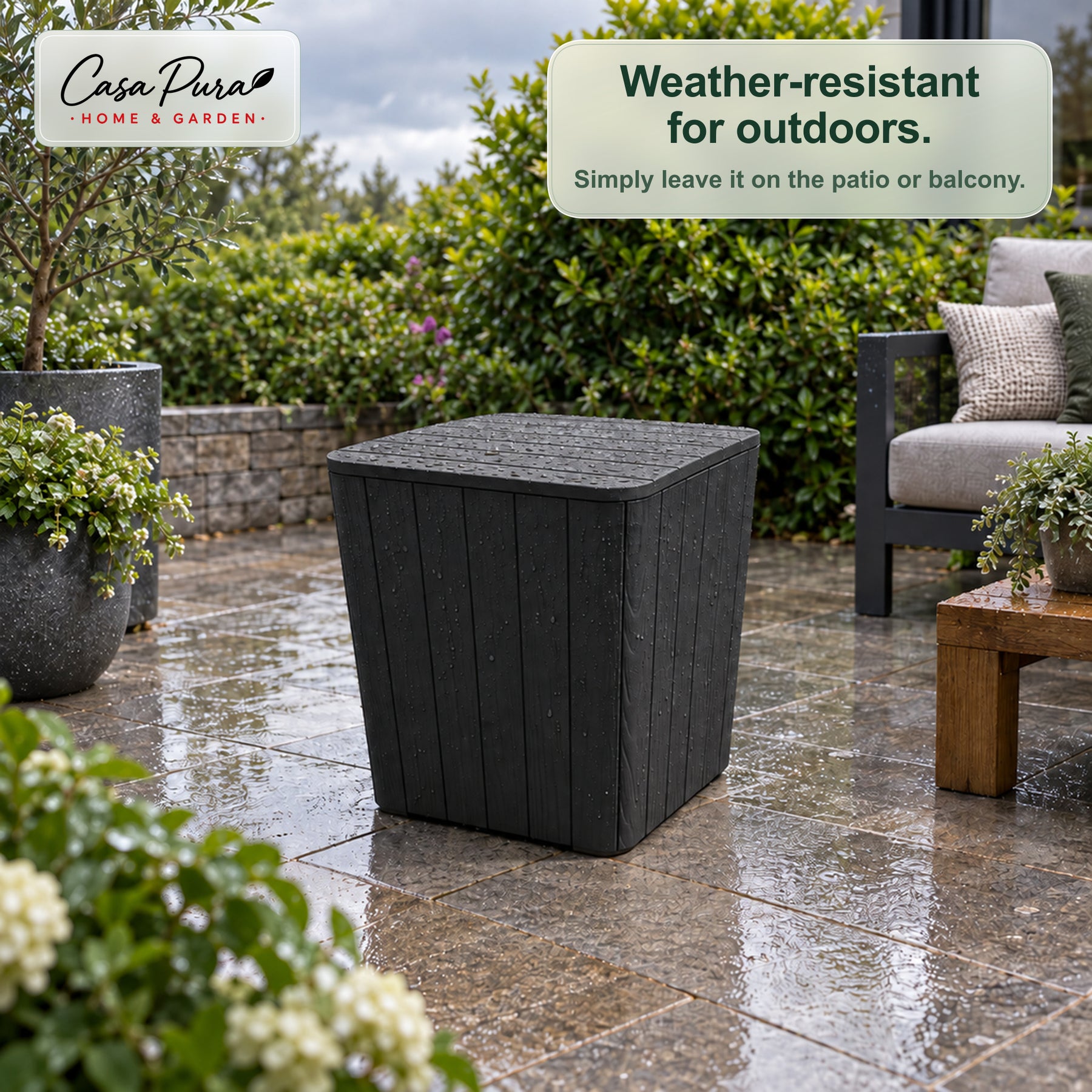 Garden Storage Box | Porto | Weather-Resistant 43 L Plastic Storage Box with Wood Effect | Doubles as a Side Table | 2 Colours
