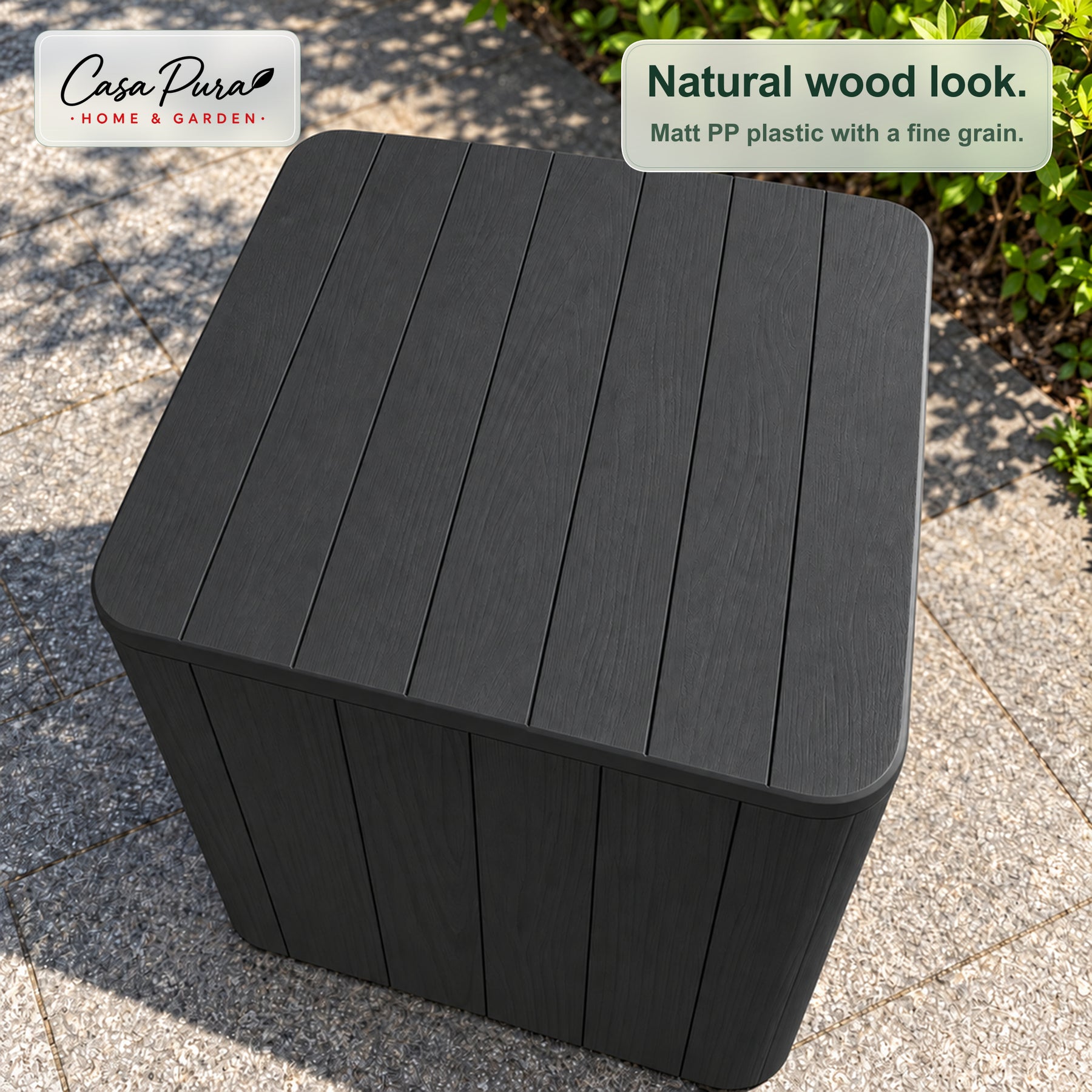 Garden Storage Box | Porto | Weather-Resistant 43 L Plastic Storage Box with Wood Effect | Doubles as a Side Table | 2 Colours