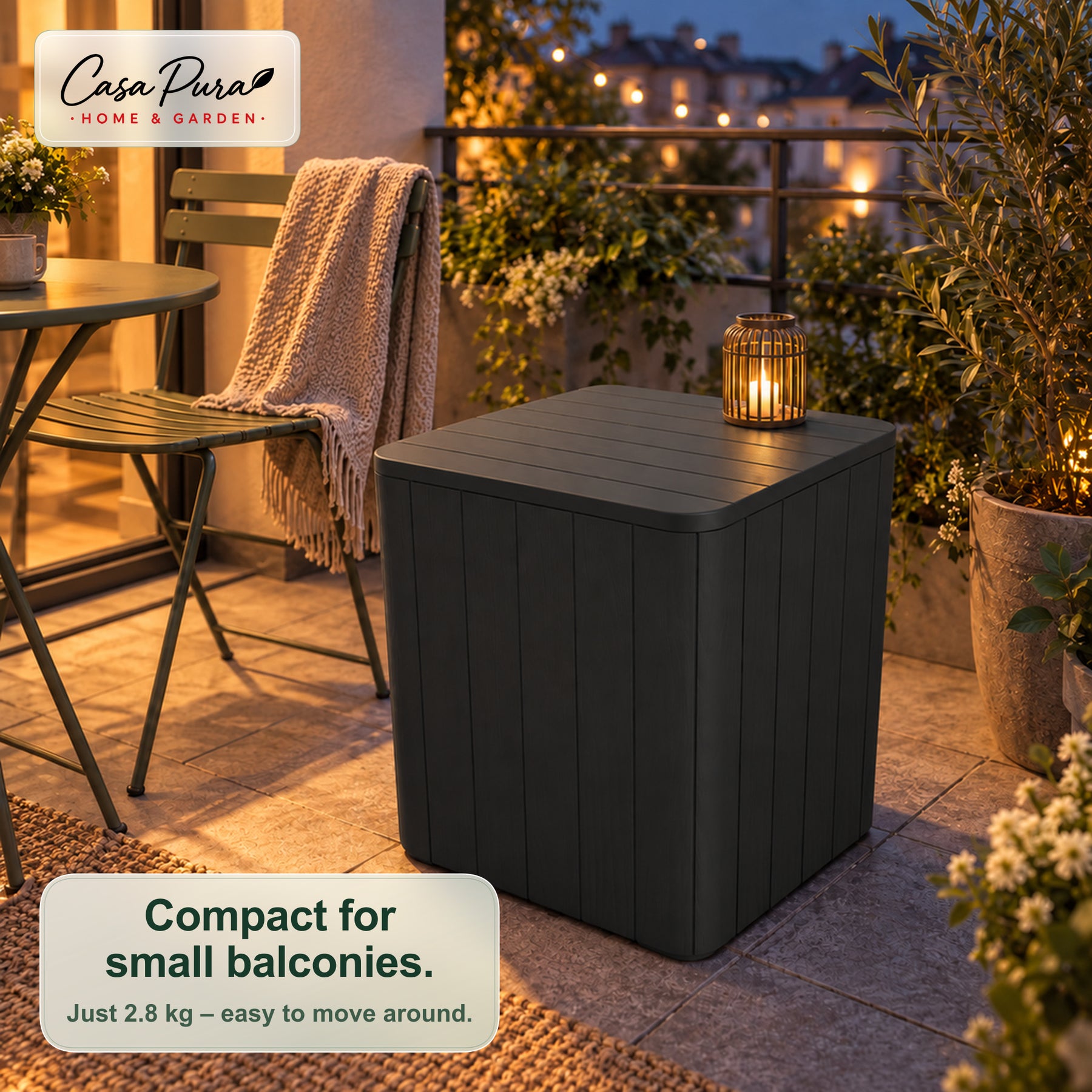 Garden Storage Box | Porto | Weather-Resistant 43 L Plastic Storage Box with Wood Effect | Doubles as a Side Table | 2 Colours