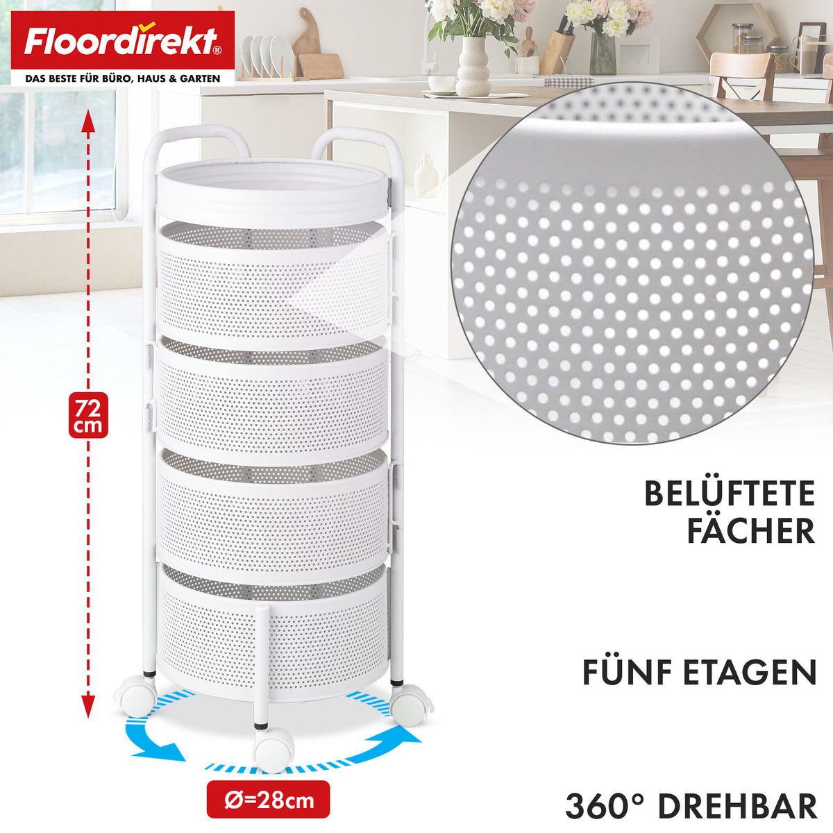 Trolley | Henry | White steel kitchen shelf | 5 shelves with fold-out baskets