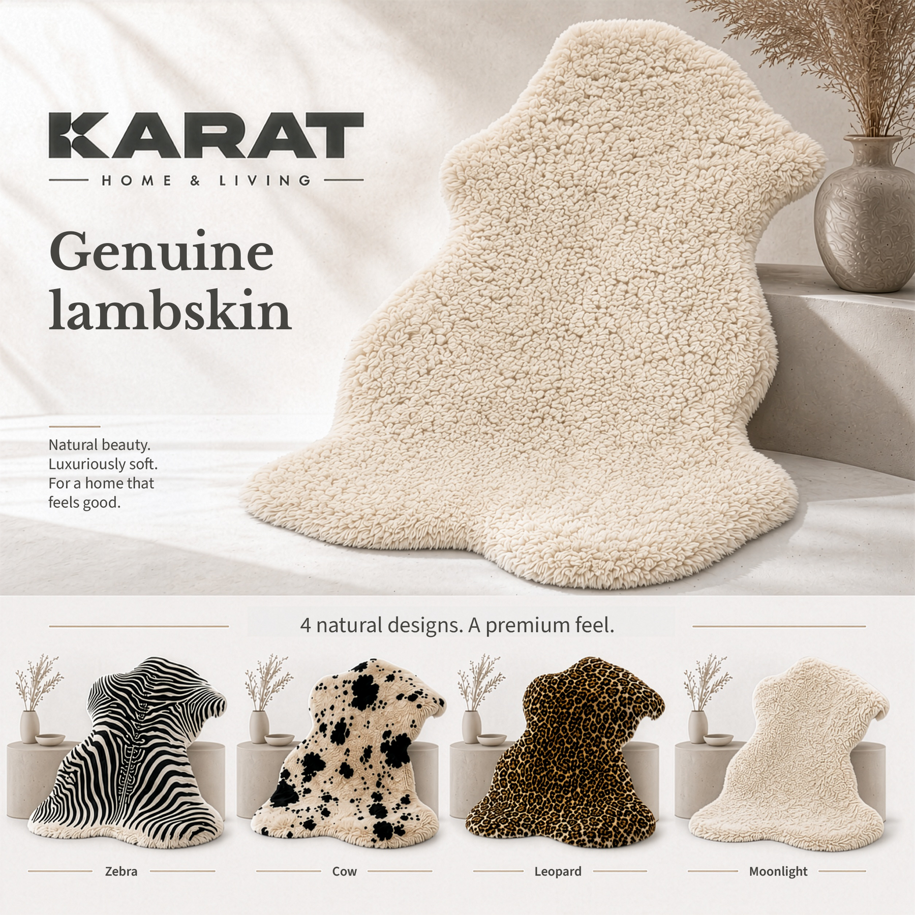 Design Sheepskin | Audrey | Genuine Lambskin Made from 100% Sheepskin Wool | Soft & Natural