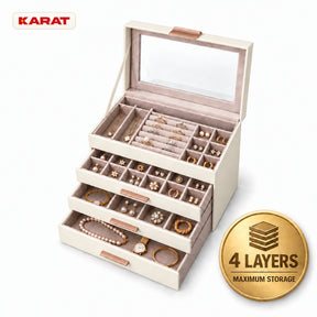 Blanche Jewellery Box | Jewellery Organiser with Glass Lid & Drawers | Cream White | 2–4 Tiers