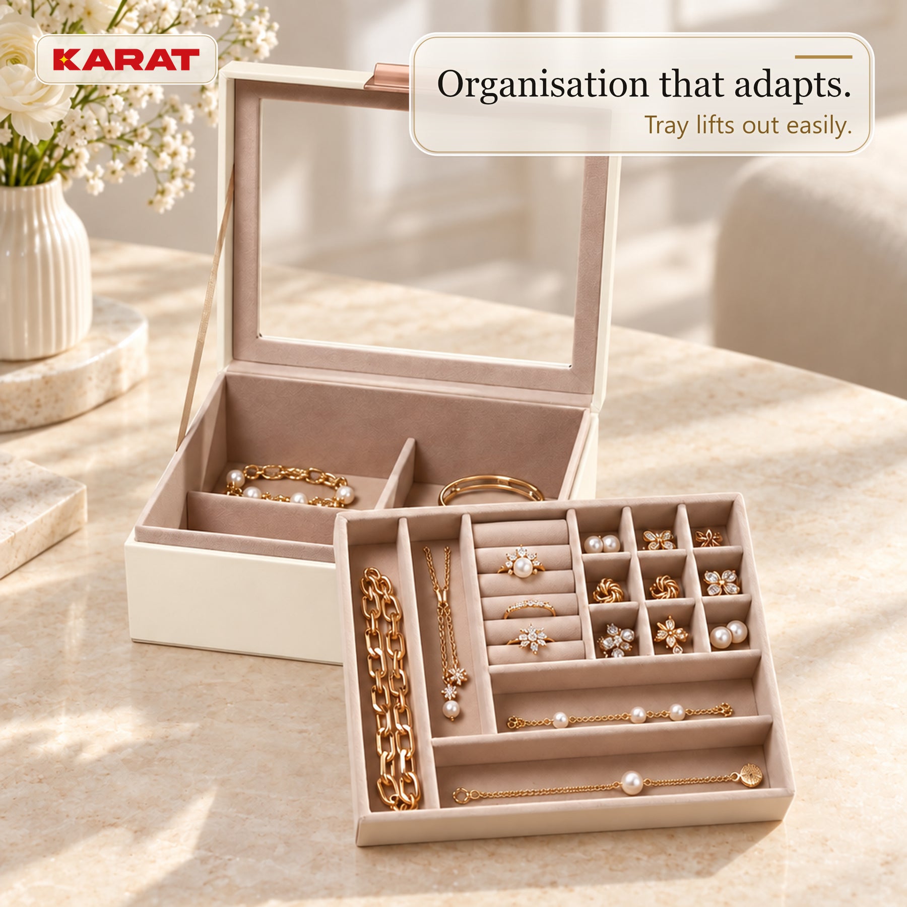 Blanche Jewellery Box | Jewellery Organiser with Glass Lid & Drawers | Cream White | 2–4 Tiers