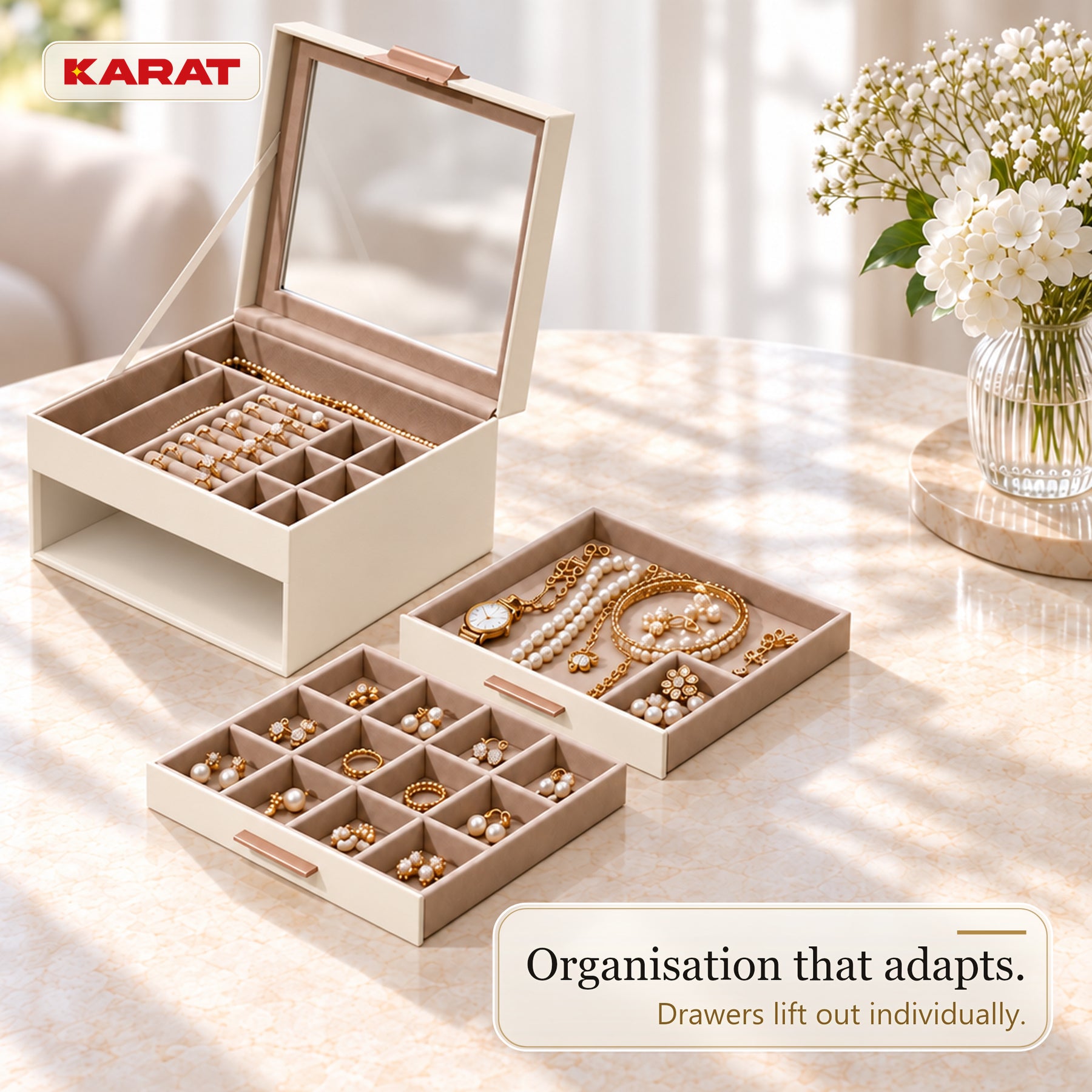 Blanche Jewellery Box | Jewellery Organiser with Glass Lid & Drawers | Cream White | 2–4 Tiers