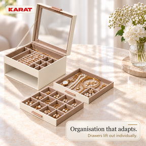 Blanche Jewellery Box | Jewellery Organiser with Glass Lid & Drawers | Cream White | 2–4 Tiers