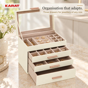 Blanche Jewellery Box | Jewellery Organiser with Glass Lid & Drawers | Cream White | 2–4 Tiers