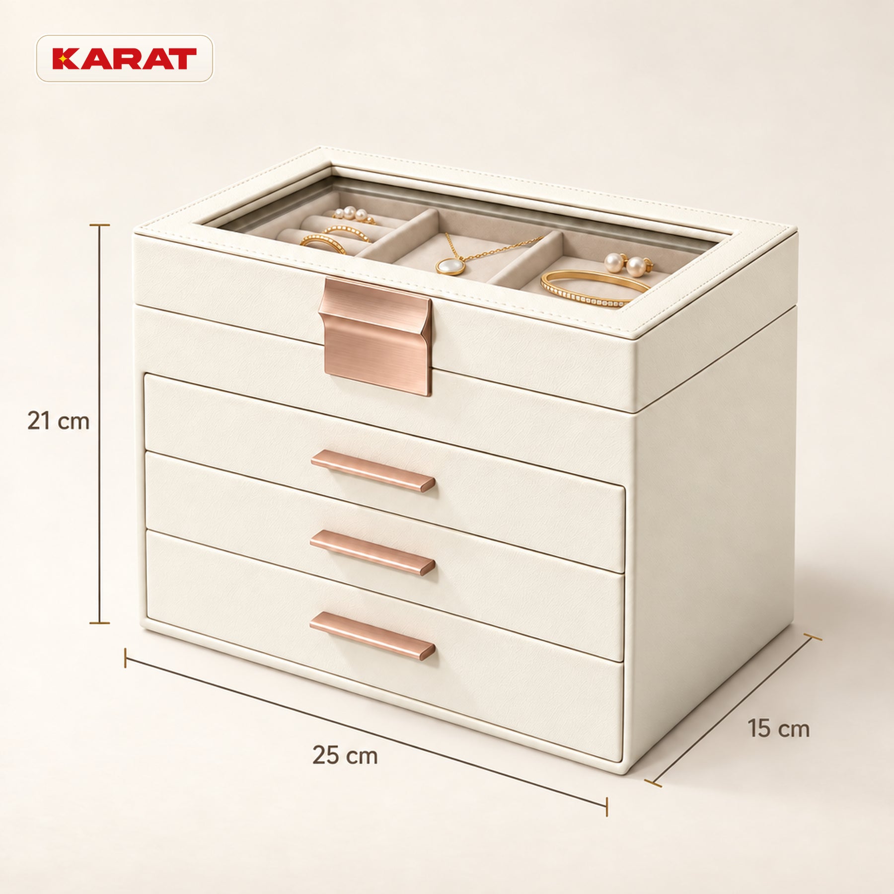 Blanche Jewellery Box | Jewellery Organiser with Glass Lid & Drawers | Cream White | 2–4 Tiers