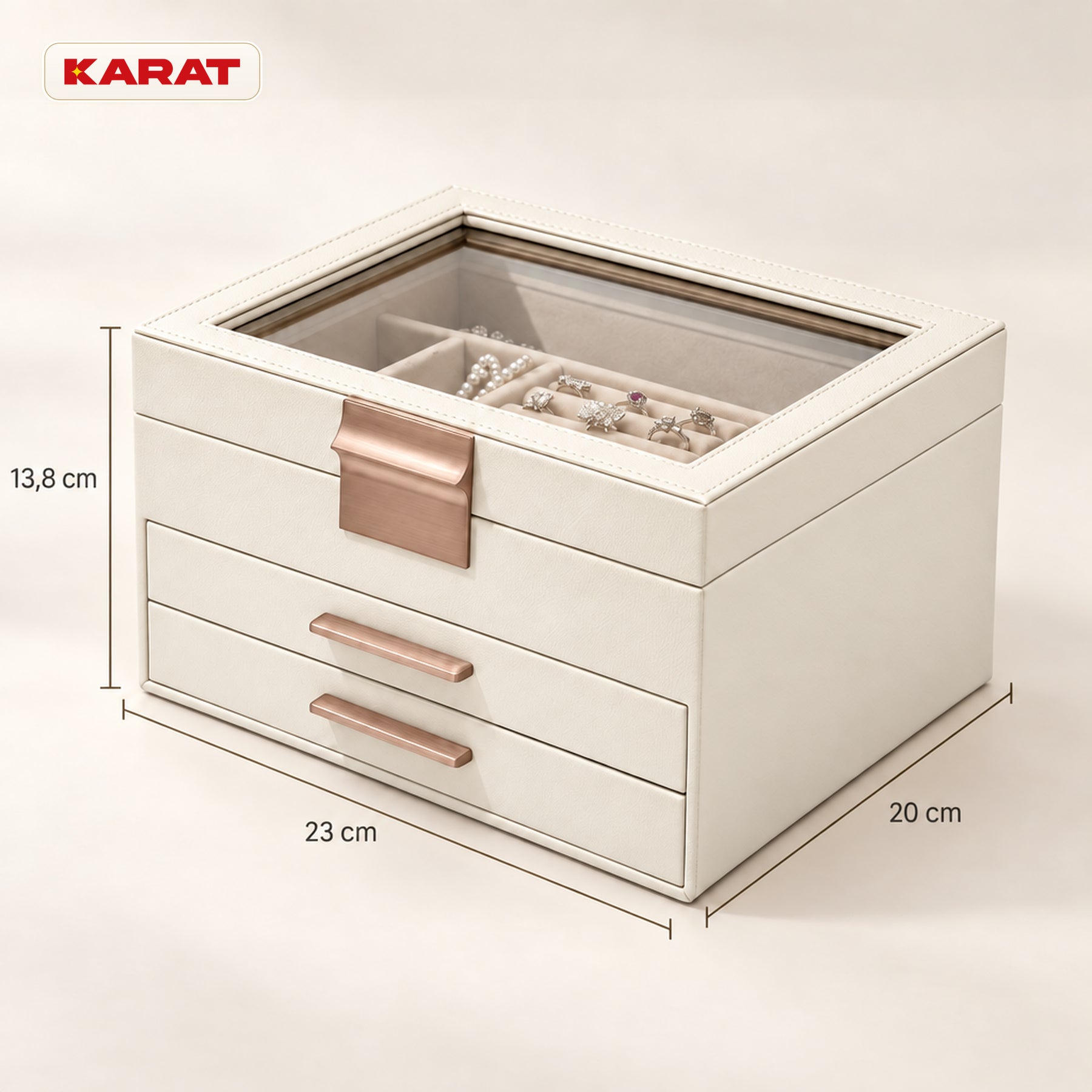 Blanche Jewellery Box | Jewellery Organiser with Glass Lid & Drawers | Cream White | 2–4 Tiers