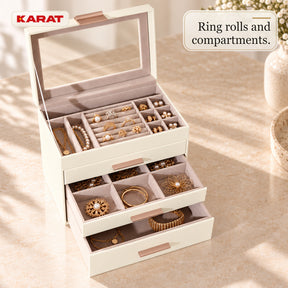 Blanche Jewellery Box | Jewellery Organiser with Glass Lid & Drawers | Cream White | 2–4 Tiers