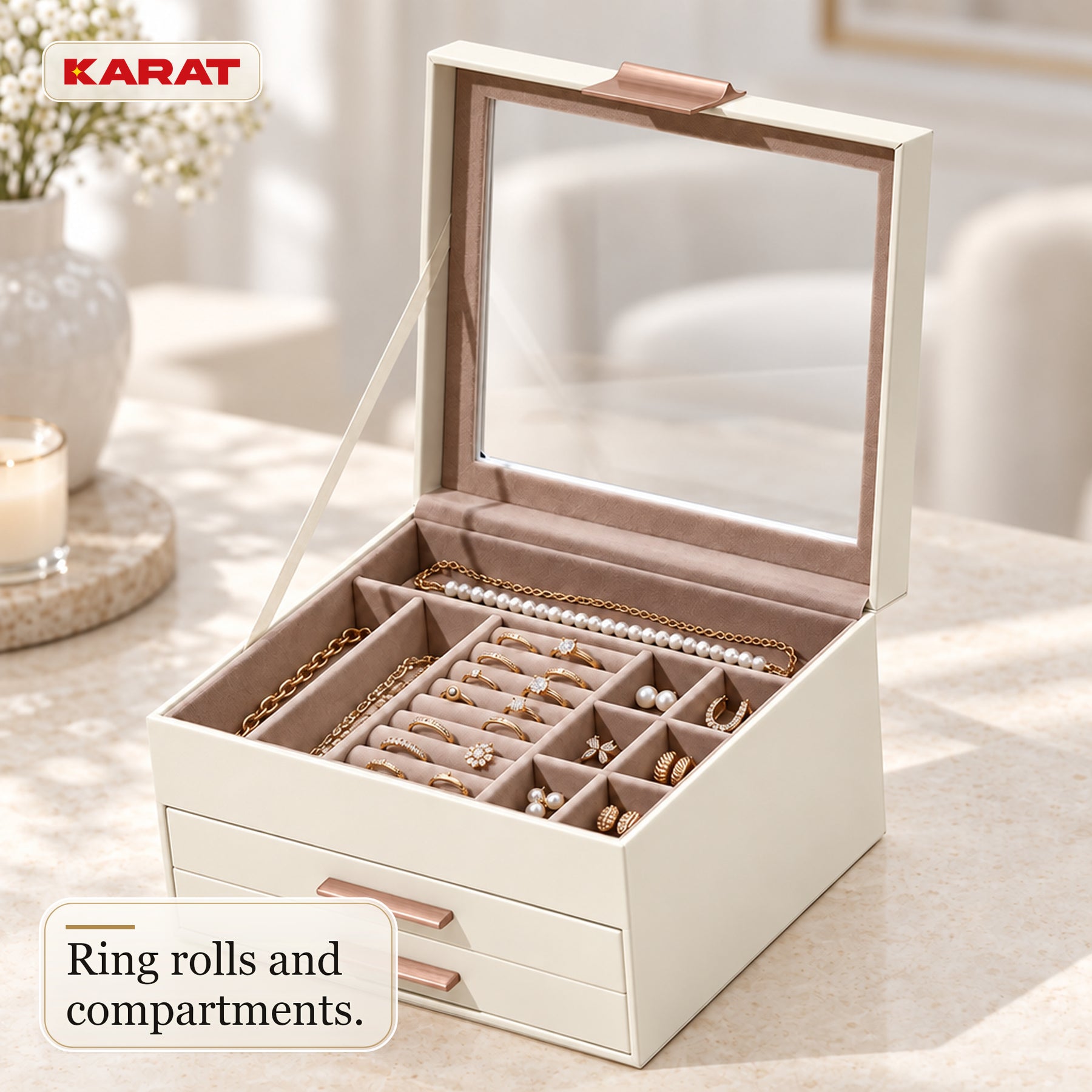 Blanche Jewellery Box | Jewellery Organiser with Glass Lid & Drawers | Cream White | 2–4 Tiers