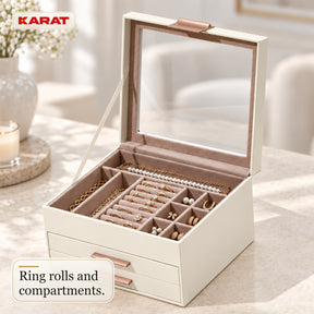 Blanche Jewellery Box | Jewellery Organiser with Glass Lid & Drawers | Cream White | 2–4 Tiers