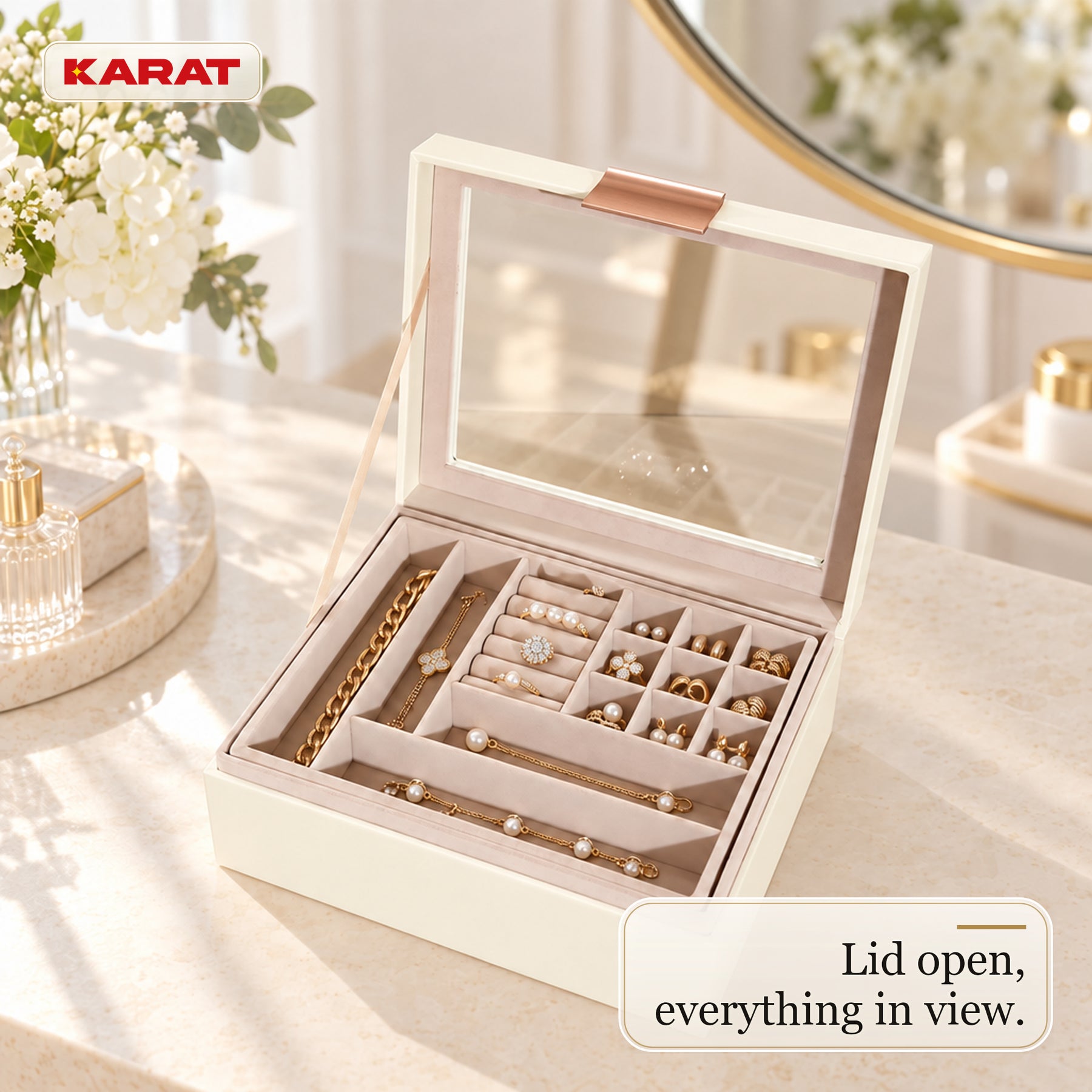 Blanche Jewellery Box | Jewellery Organiser with Glass Lid & Drawers | Cream White | 2–4 Tiers