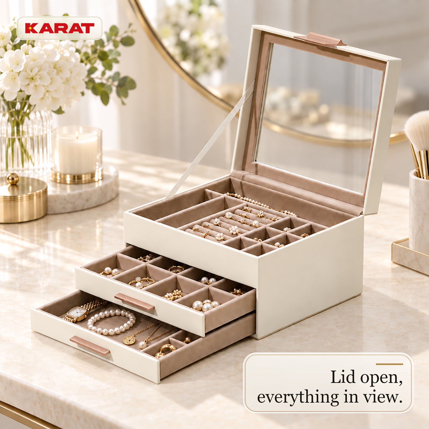 Blanche Jewellery Box | Jewellery Organiser with Glass Lid & Drawers | Cream White | 2–4 Tiers