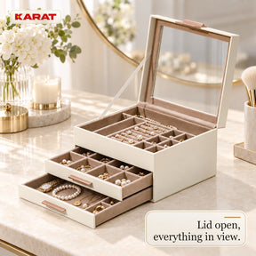 Blanche Jewellery Box | Jewellery Organiser with Glass Lid & Drawers | Cream White | 2–4 Tiers