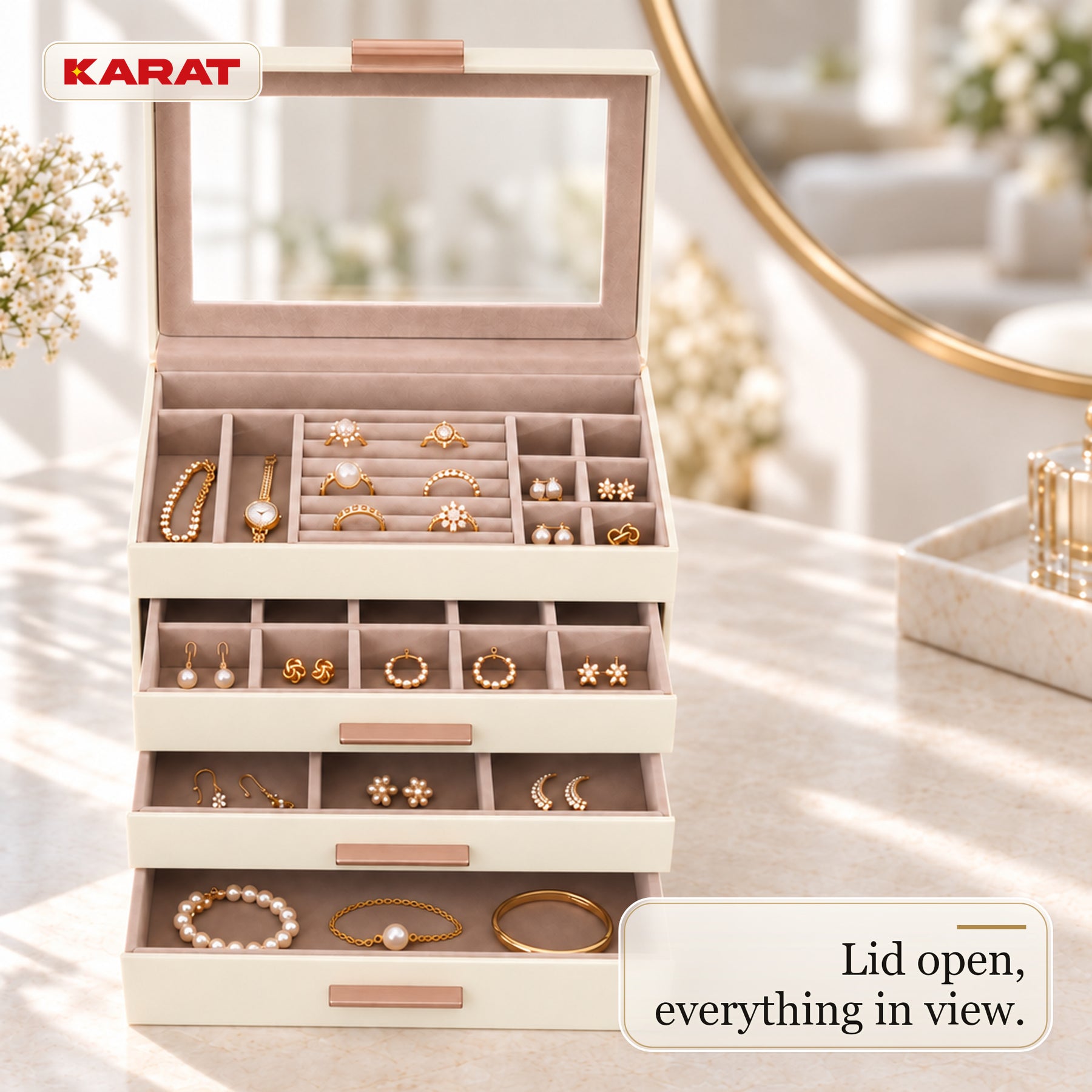 Blanche Jewellery Box | Jewellery Organiser with Glass Lid & Drawers | Cream White | 2–4 Tiers