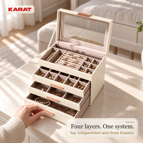 Blanche Jewellery Box | Jewellery Organiser with Glass Lid & Drawers | Cream White | 2–4 Tiers