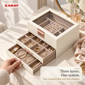Blanche Jewellery Box | Jewellery Organiser with Glass Lid & Drawers | Cream White | 2–4 Tiers