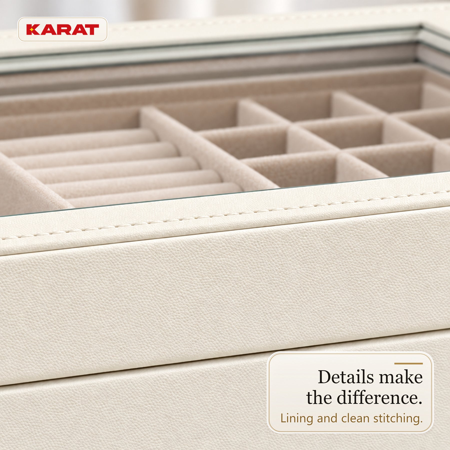 Blanche Jewellery Box | Jewellery Organiser with Glass Lid & Drawers | Cream White | 2–4 Tiers