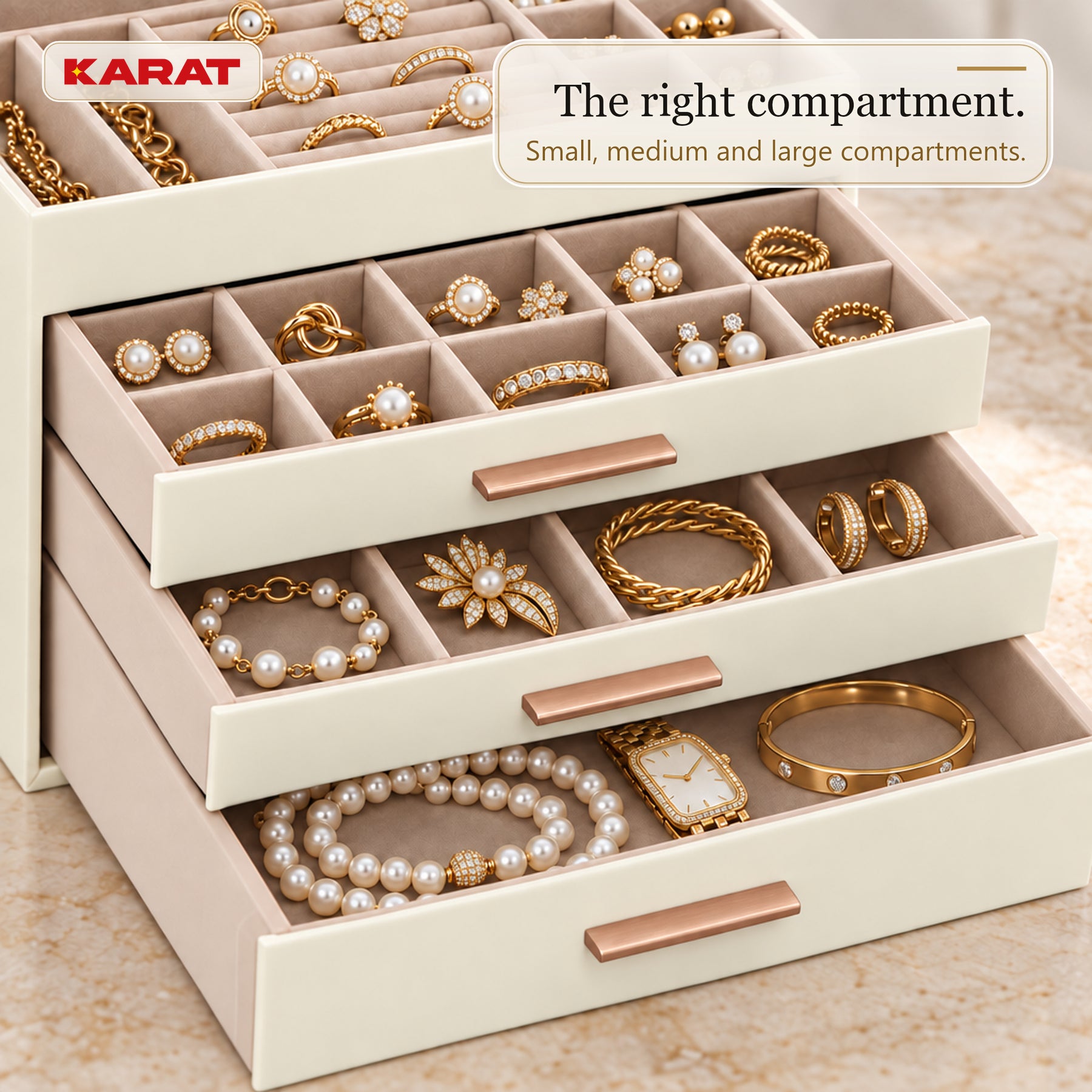 Blanche Jewellery Box | Jewellery Organiser with Glass Lid & Drawers | Cream White | 2–4 Tiers