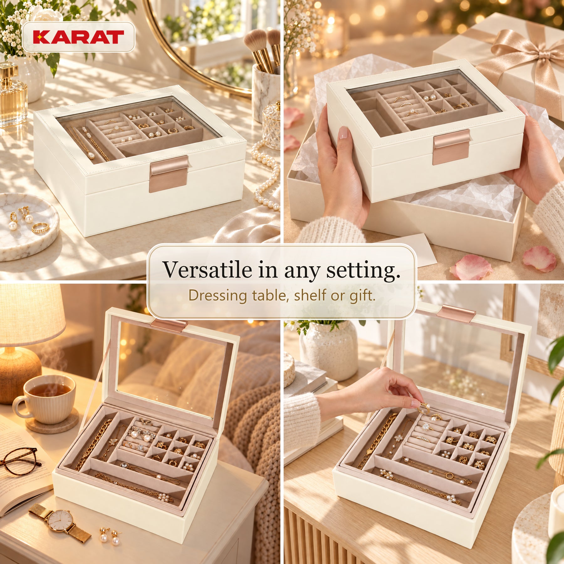 Blanche Jewellery Box | Jewellery Organiser with Glass Lid & Drawers | Cream White | 2–4 Tiers