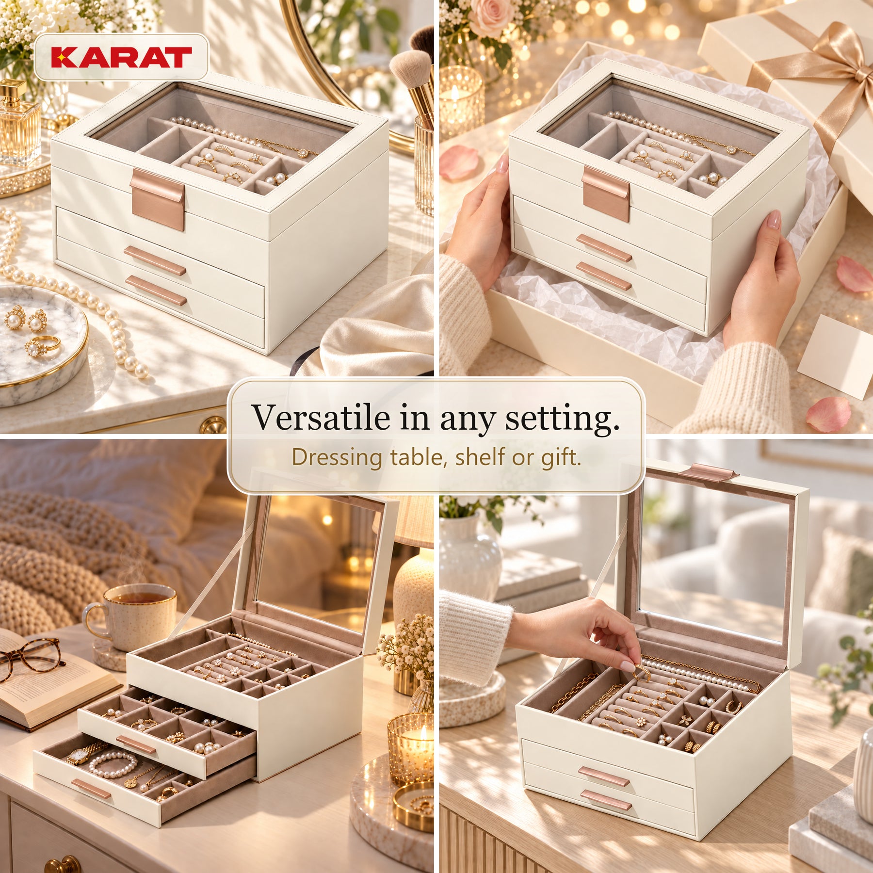 Blanche Jewellery Box | Jewellery Organiser with Glass Lid & Drawers | Cream White | 2–4 Tiers