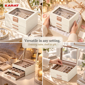 Blanche Jewellery Box | Jewellery Organiser with Glass Lid & Drawers | Cream White | 2–4 Tiers