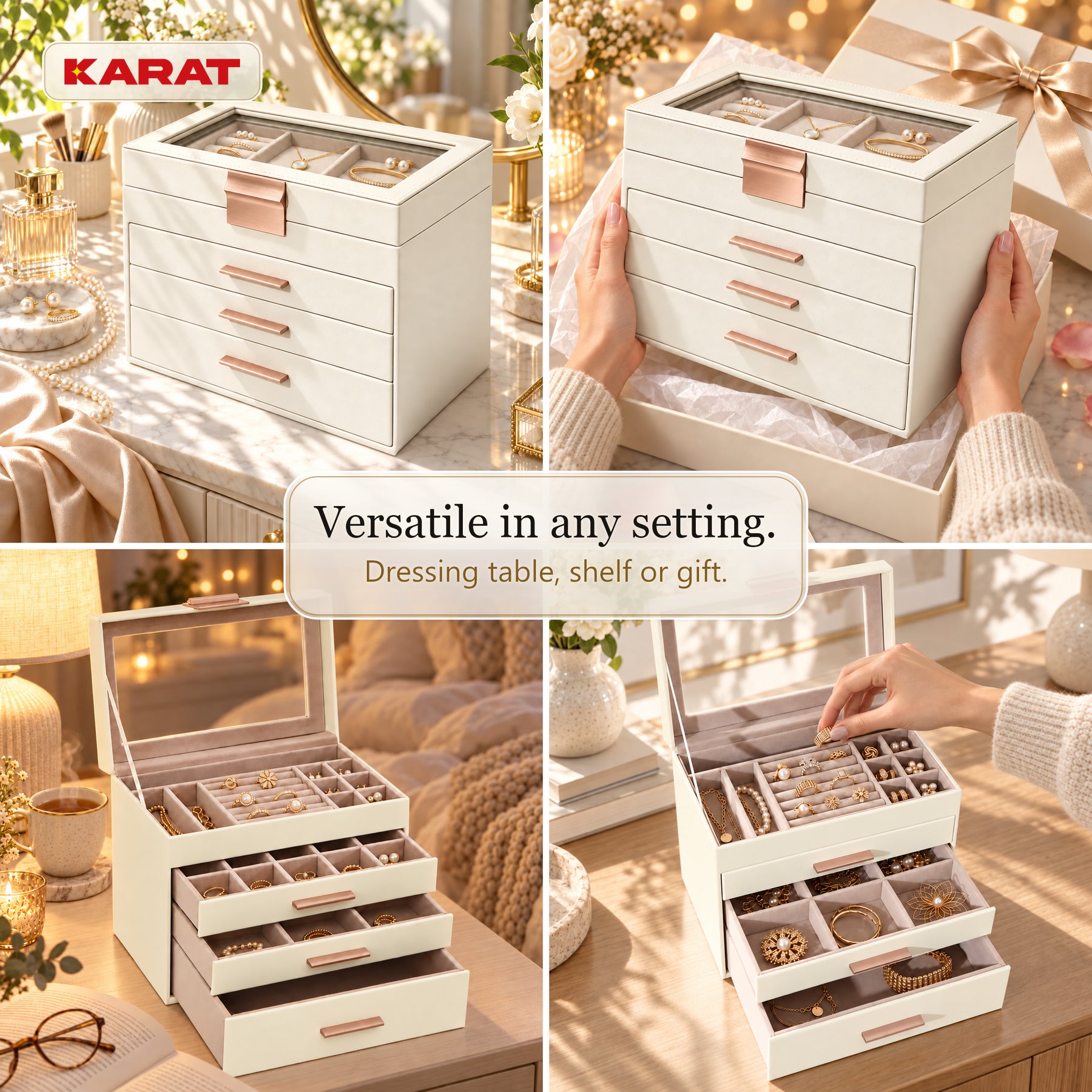 Blanche Jewellery Box | Jewellery Organiser with Glass Lid & Drawers | Cream White | 2–4 Tiers