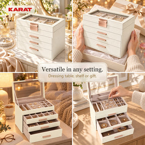 Blanche Jewellery Box | Jewellery Organiser with Glass Lid & Drawers | Cream White | 2–4 Tiers