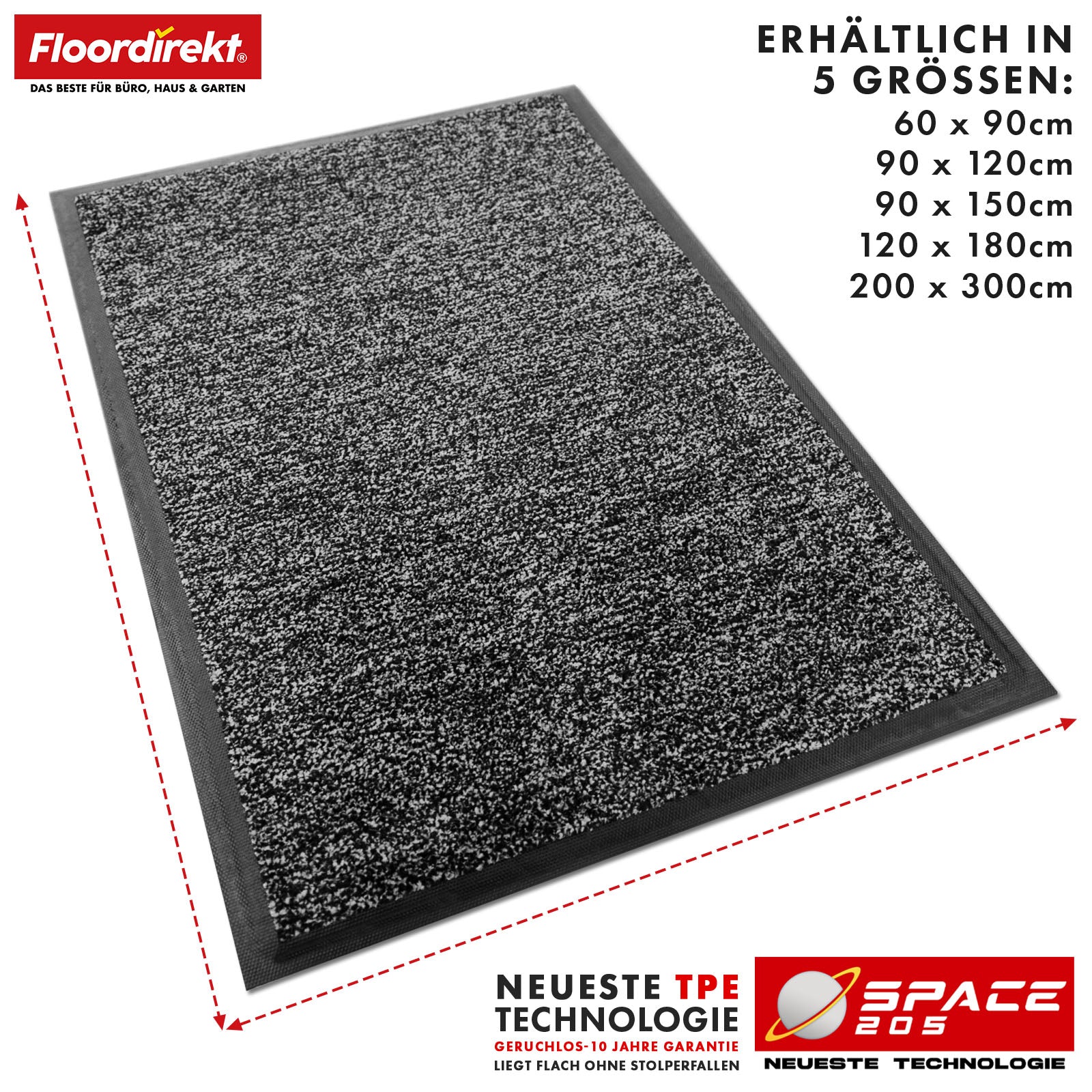 Dirt-trapping mat | Space 205 | Non-slip doormat with innovative TPE technology in the edging and backing | Ideal for entrances, hallways and front doors | Available in various colours and sizes