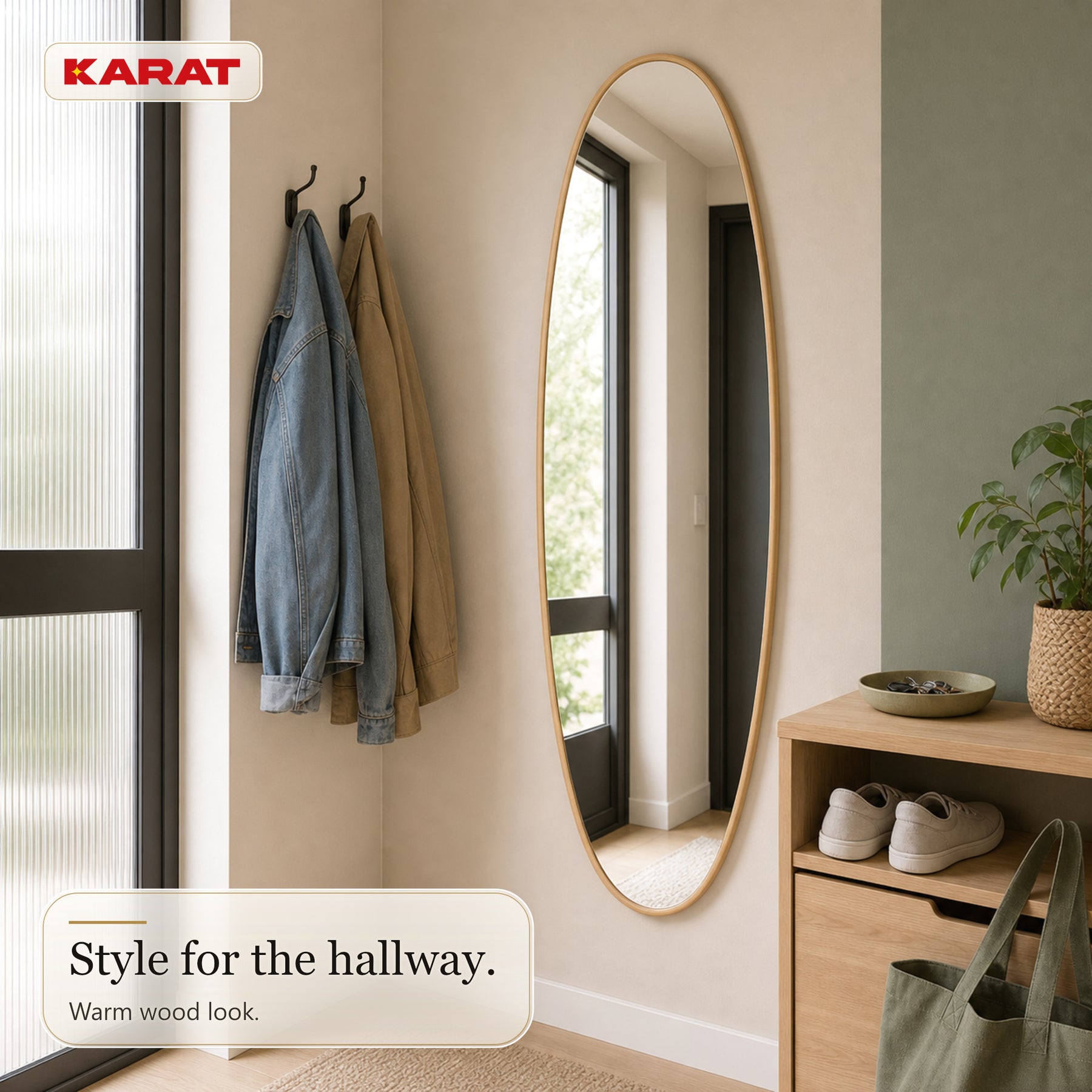 Full Length Mirror | Nina | Organic Wall Mirror with Wood-Effect Aluminum Frame | 60 × 150 cm