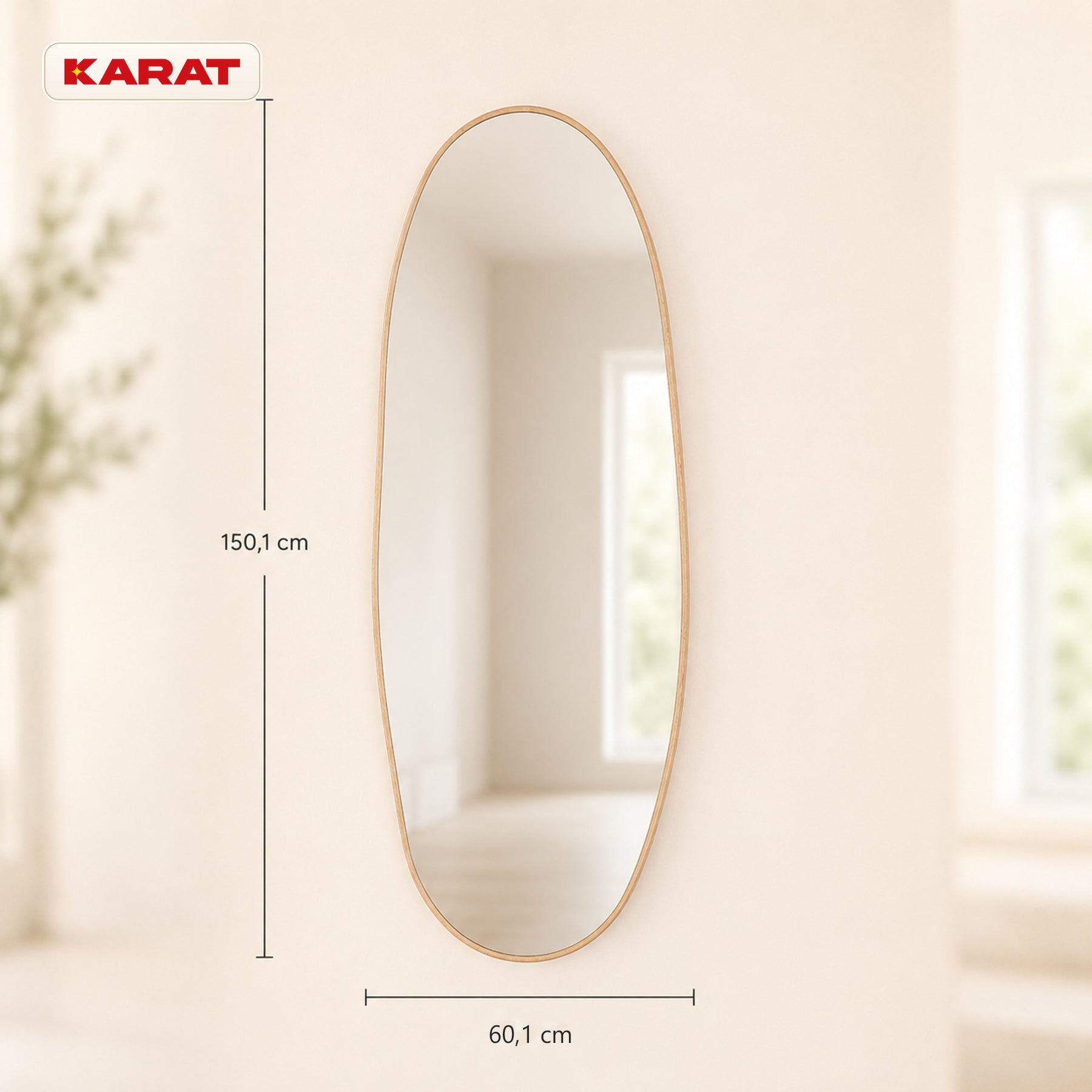 Full Length Mirror | Nina | Organic Wall Mirror with Wood-Effect Aluminum Frame | 60 × 150 cm