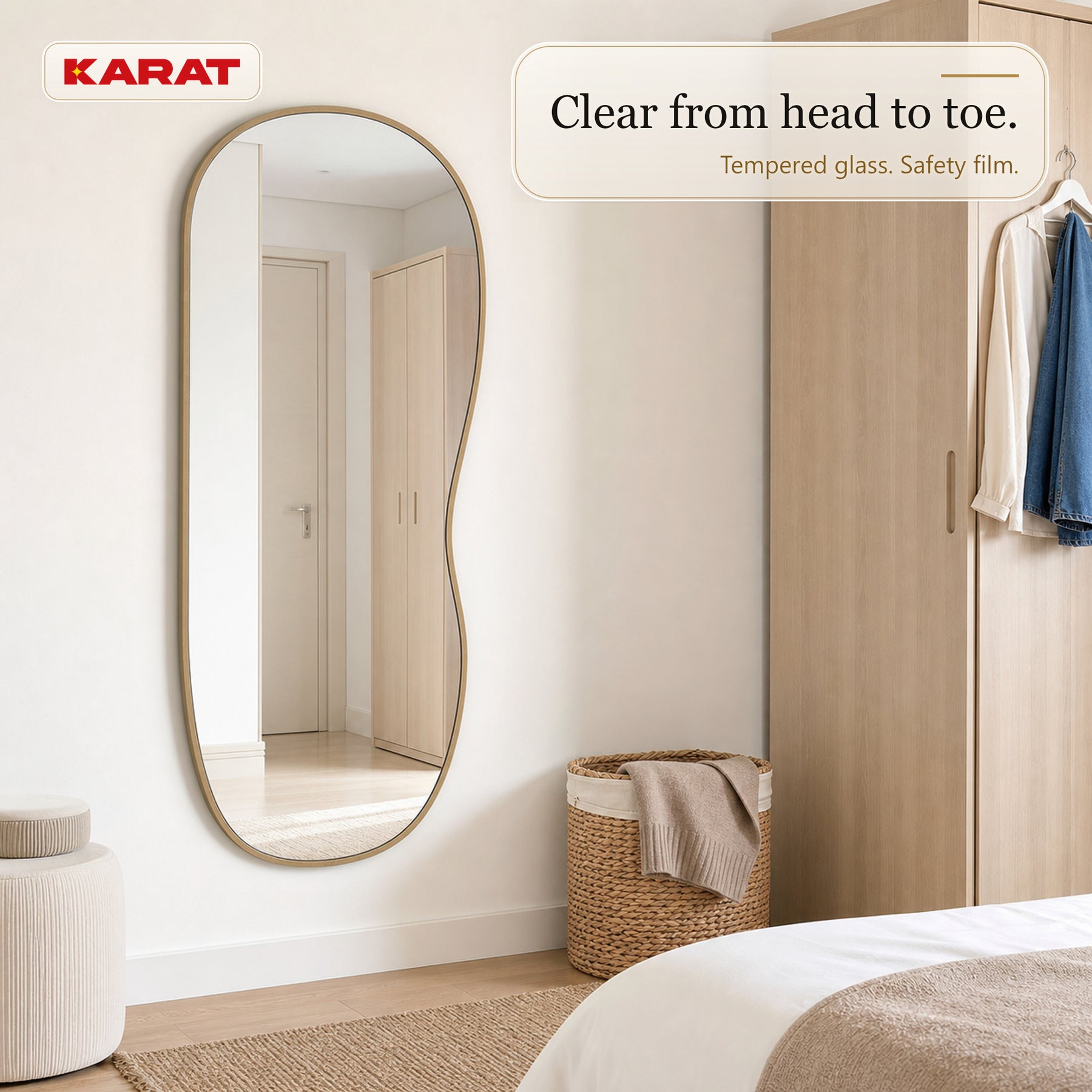 Wall Mirror | Serena | Organic Full-Length Mirror with Wood-Look Aluminum Frame | 60 × 120 cm