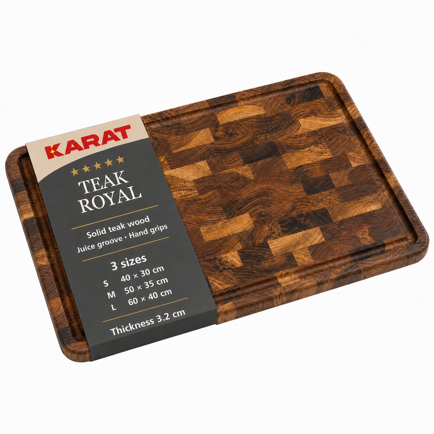 Cutting Board | Teak Royal Endgrain | Solid Teak Wood with Juice Groove & Handles | 3 Sizes