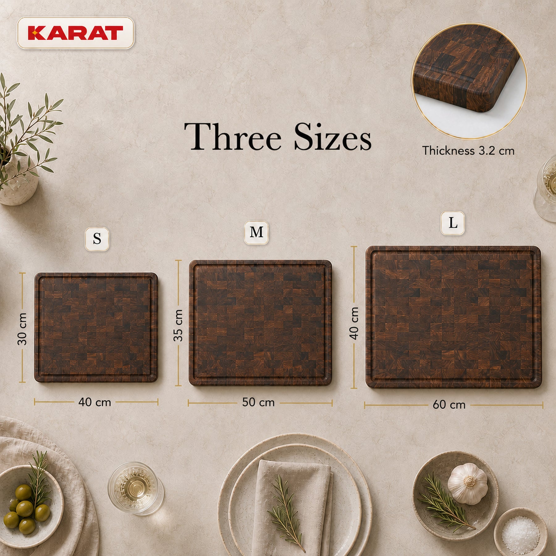 Cutting Board | Teak Royal Endgrain | Solid Teak Wood with Juice Groove & Handles | 3 Sizes