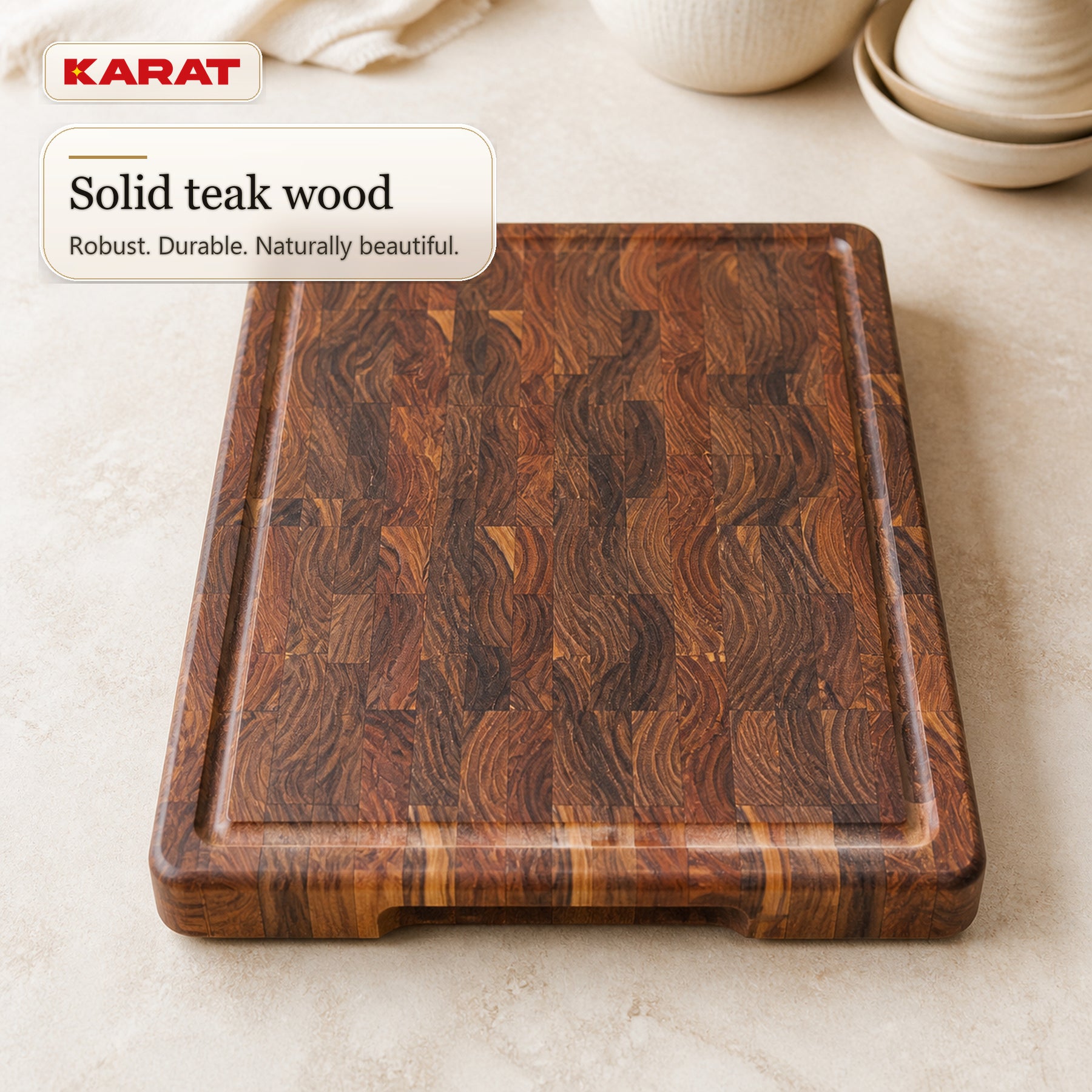Cutting Board | Teak Royal Endgrain | Solid Teak Wood with Juice Groove & Handles | 3 Sizes