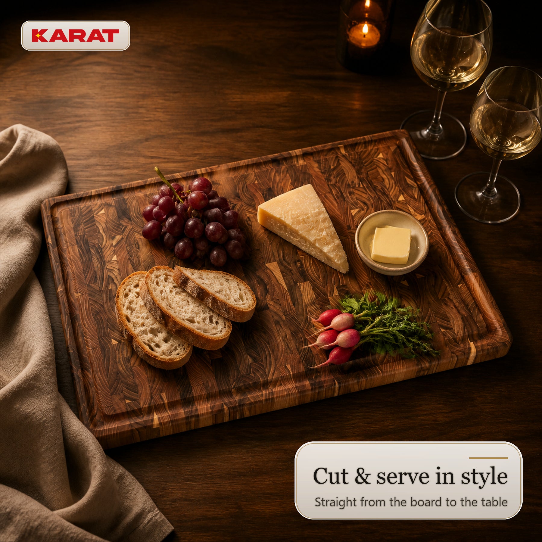 Cutting Board | Teak Royal Endgrain | Solid Teak Wood with Juice Groove & Handles | 3 Sizes