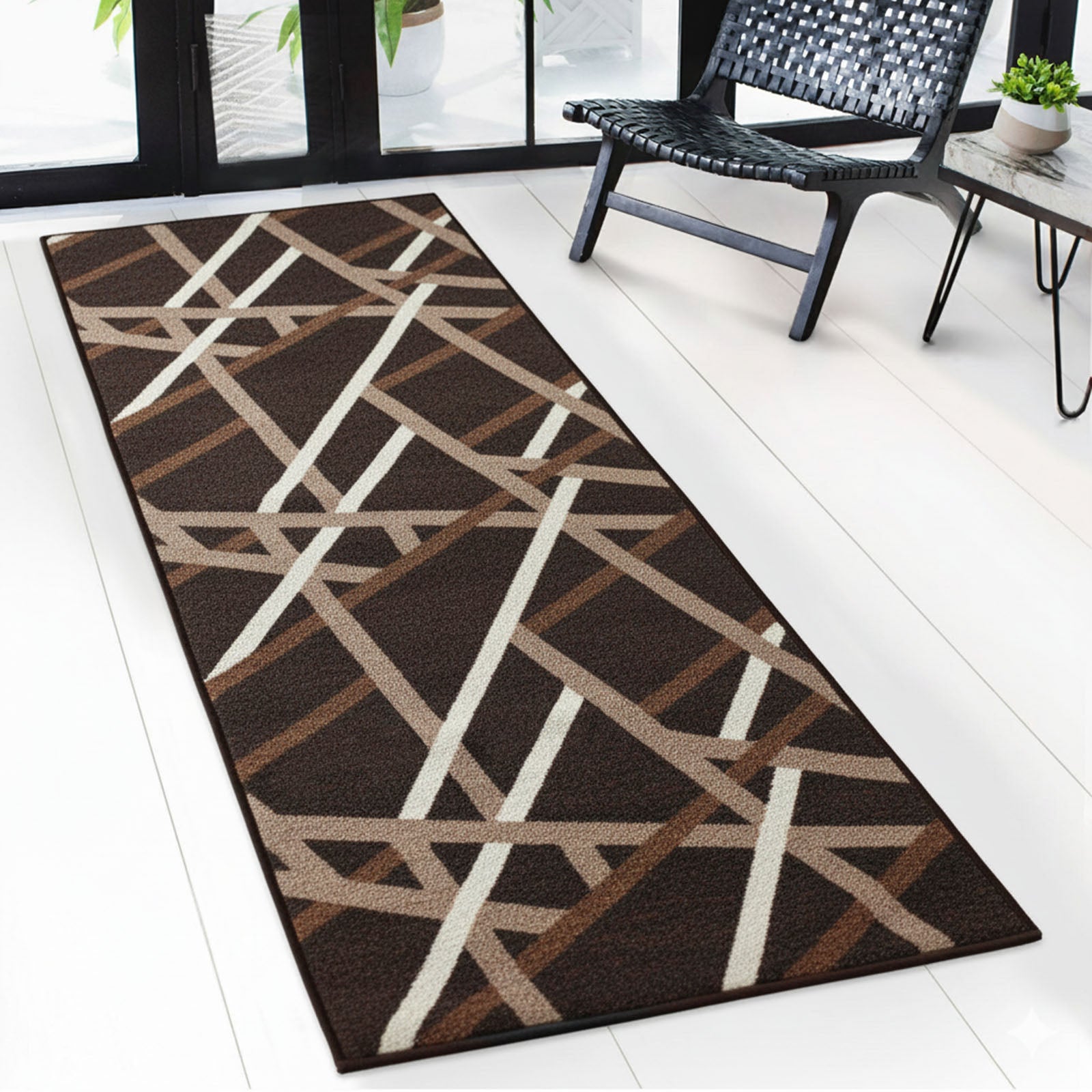 Runner Rug | Printed | In Anthracite & Brown | Modern Striped Design with Non-Slip Gel Backing | Durable & Easy to Clean