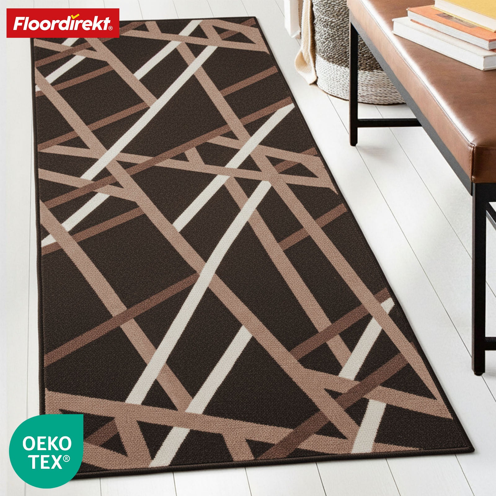 Runner Rug | Printed | In Anthracite & Brown | Modern Striped Design with Non-Slip Gel Backing | Durable & Easy to Clean