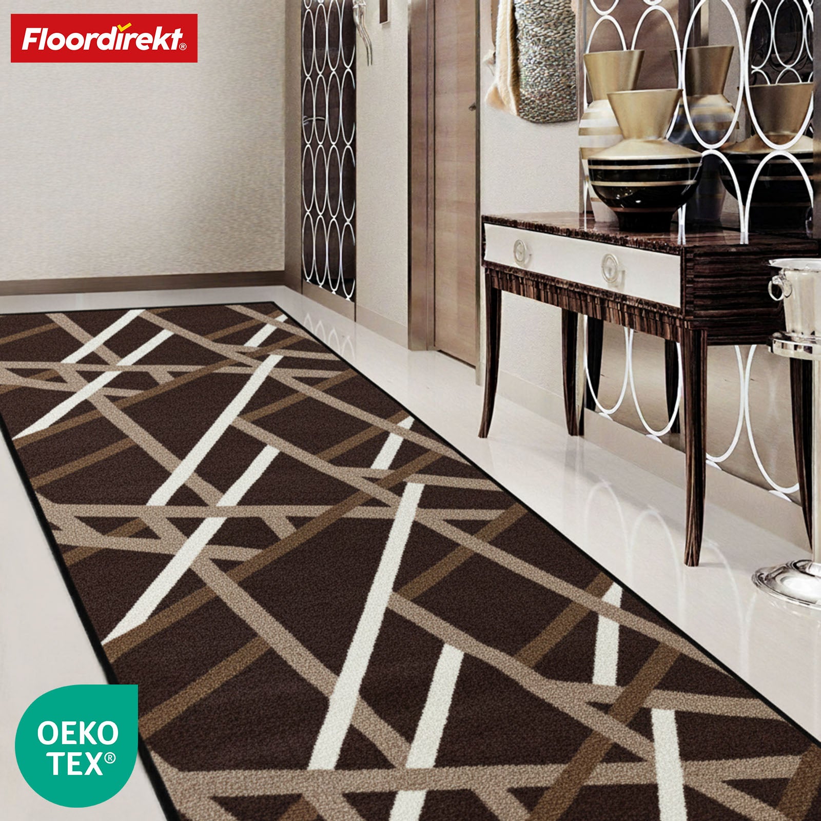 Runner Rug | Printed | In Anthracite & Brown | Modern Striped Design with Non-Slip Gel Backing | Durable & Easy to Clean