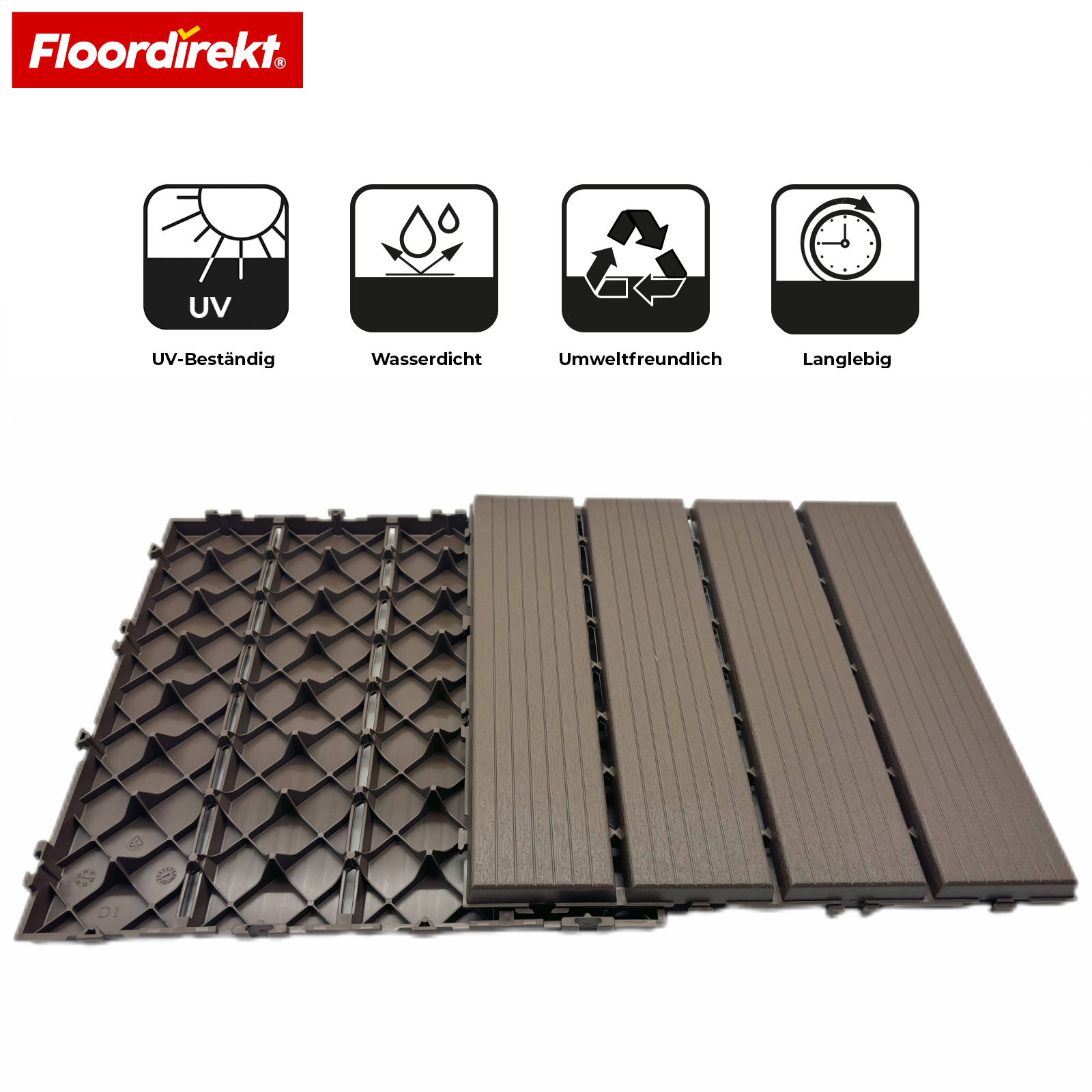 Decking Tiles | Majestic | Brown | 30x30 cm Click Tiles in Wood-Plank Design | Weatherproof & Low-Maintenance