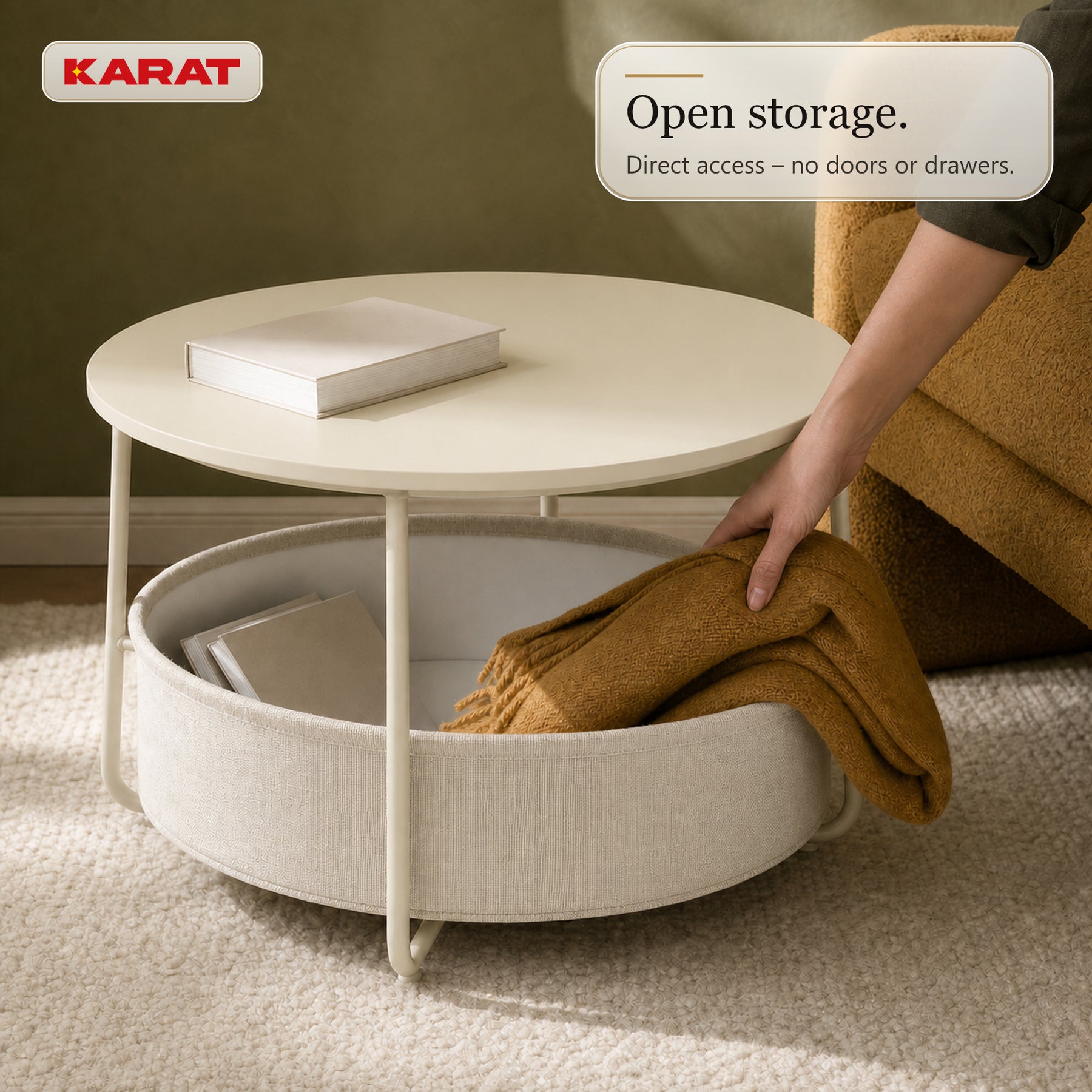 Side Table | Tore | Round Living Room Table with Open Storage in Wood & Steel | Ø 75 cm