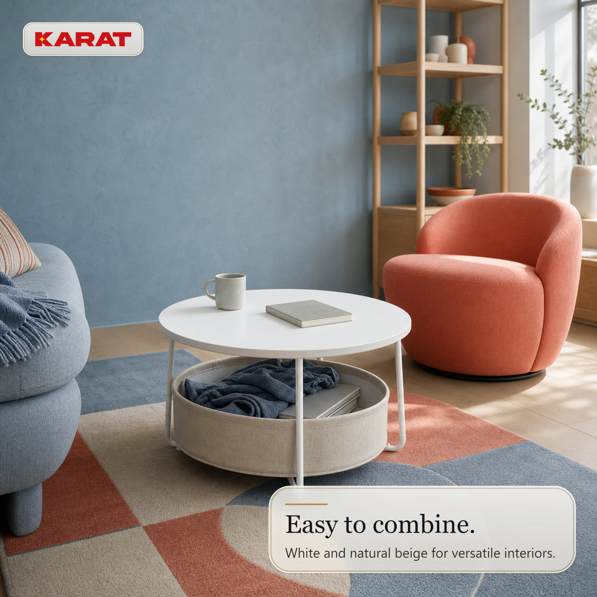 Side Table | Tore | Round Living Room Table with Open Storage in Wood & Steel | Ø 75 cm