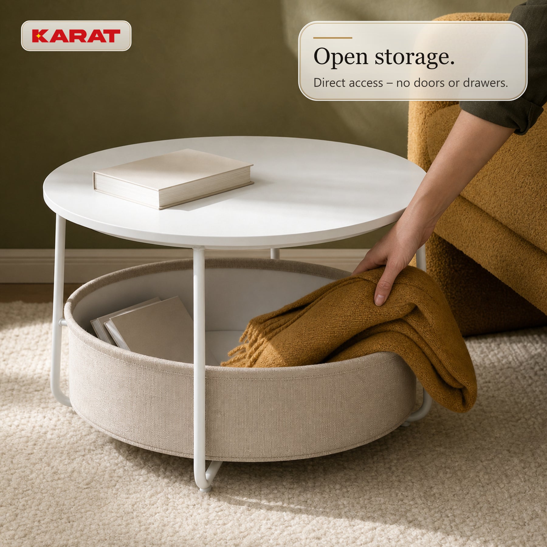 Side Table | Tore | Round Living Room Table with Open Storage in Wood & Steel | Ø 75 cm