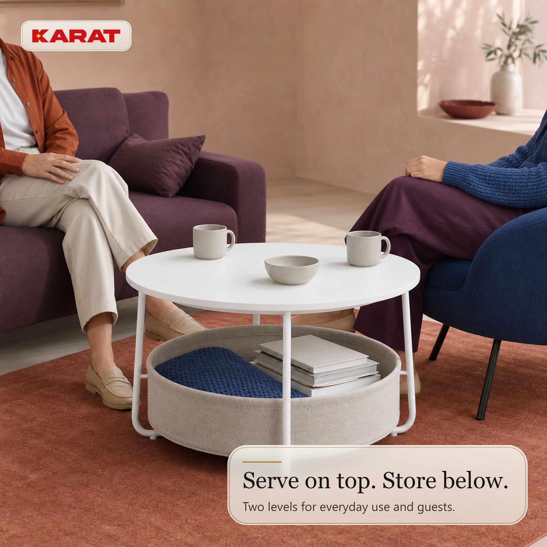 Side Table | Tore | Round Living Room Table with Open Storage in Wood & Steel | Ø 75 cm