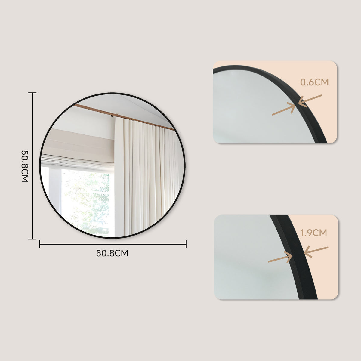 Wall mirror | Bella | Round mirror with black aluminium alloy frame | Available in various sizes